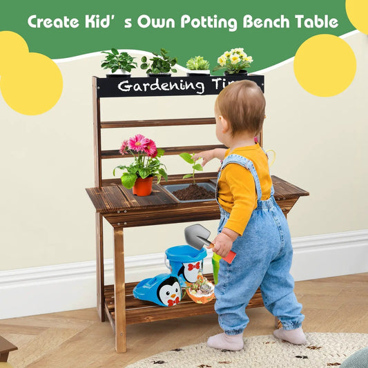 Kids’ wooden potting bench table in natural fir wood with plant pots and soil tray DirectDeals on Tampa Home & Garden Store