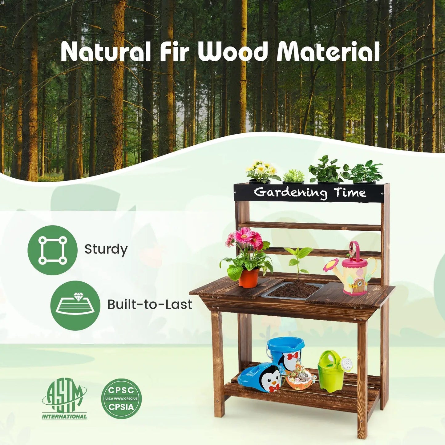 Wooden Potting Bench Table Outdoor Mud Kitchen with Solid Fir Wood Frame-Natural - Tampa Home & Garden Store