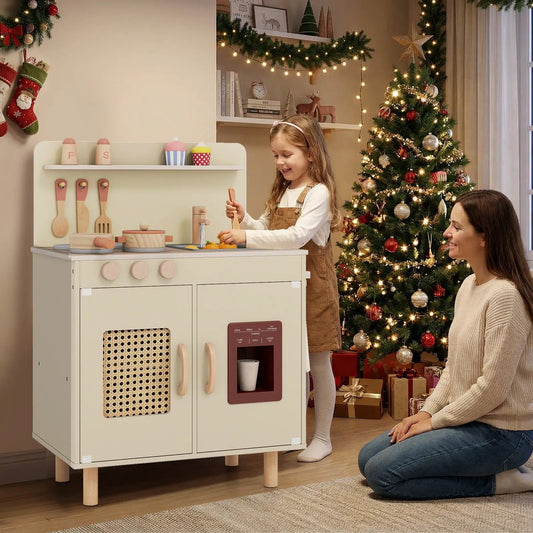 Wooden pretend kitchen playset with ice maker, cream finish and pastel utensils on Tampa Home & Garden Store