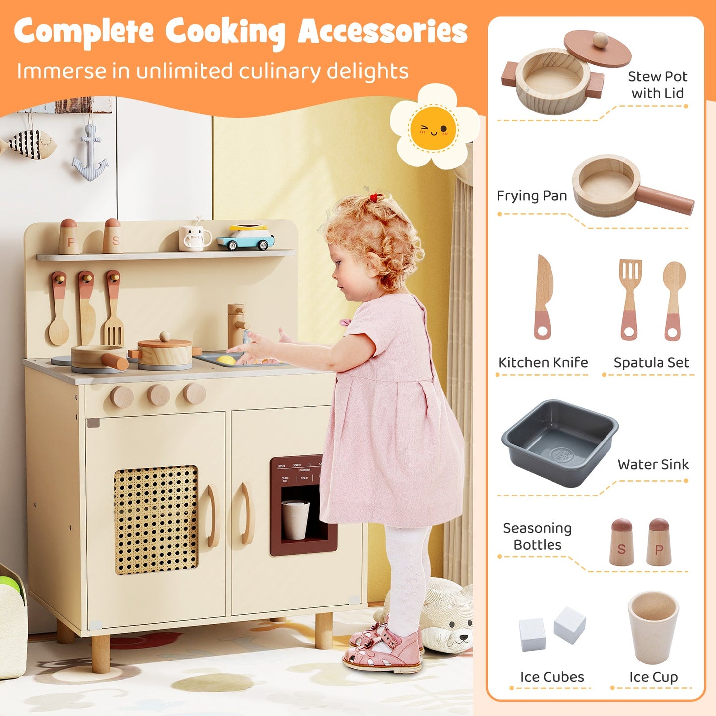 Wooden pretend kitchen playset with ice maker and hanging utensils; child in pink dress playing on Tampa Home & Garden Store