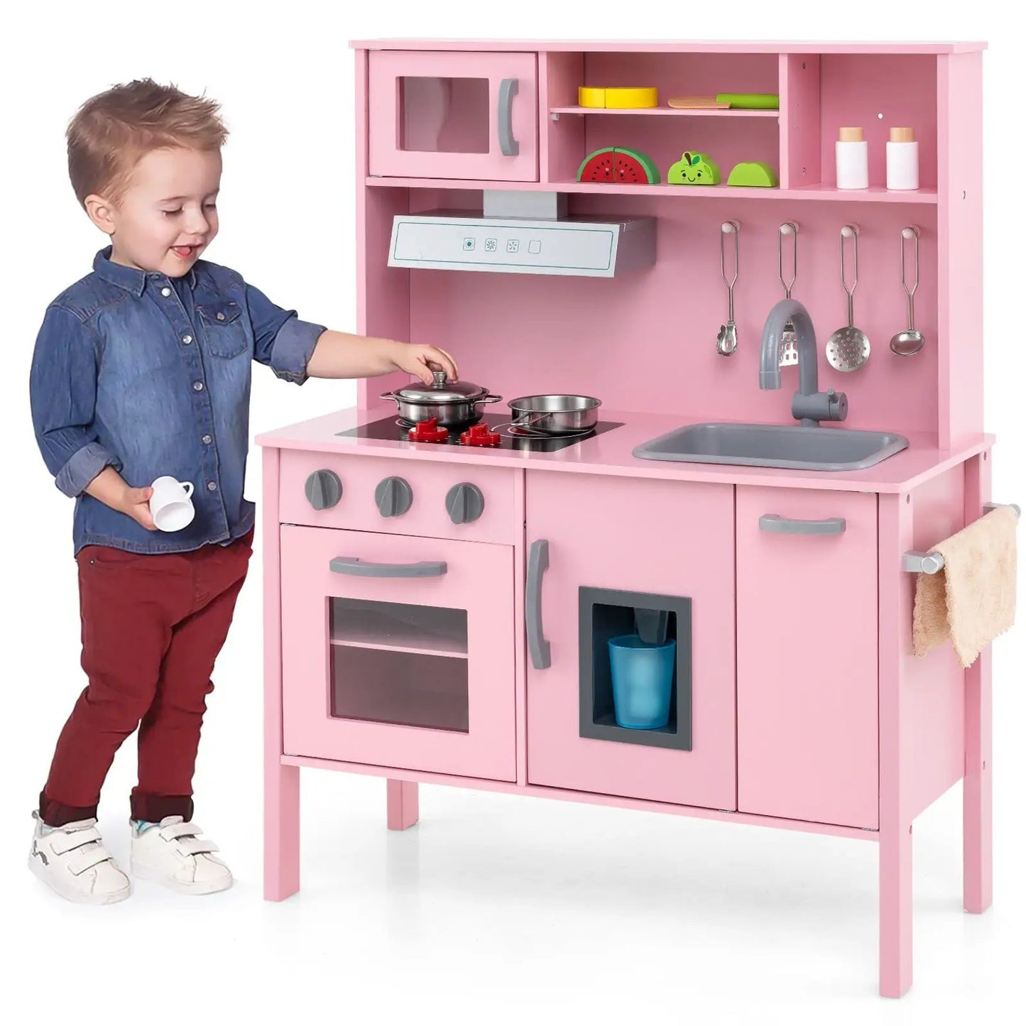 Wooden pretend play kitchen set for toddlers pink with stove and sink DirectDeals on Tampa Home & Garden Store