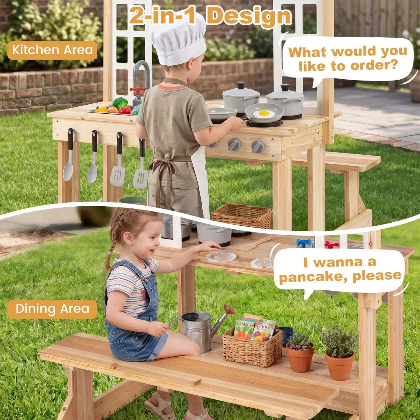 Wooden Play Kitchen and Bench Cooking Accessories