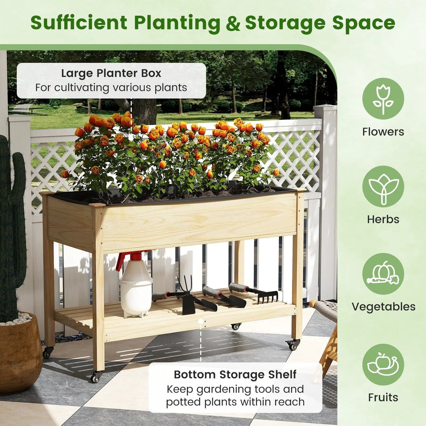 Wooden raised garden bed on legs with wheels, natural finish; bottom shelf for tools on Tampa Home & Garden Store
