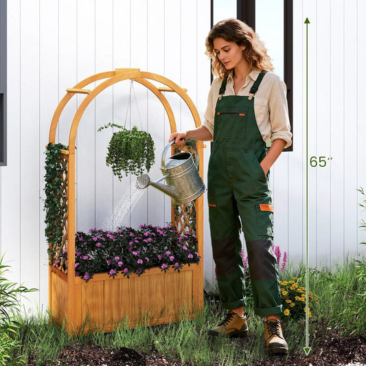 Wooden raised garden bed orange with lattice trellis arch by DirectDeals planter on Tampa Home & Garden Store