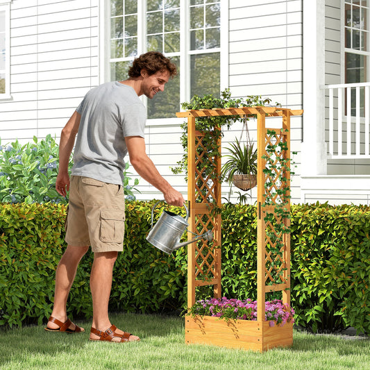 Wooden Raised Garden Bed with Lattice Trellis and Hanging Roof-Orange