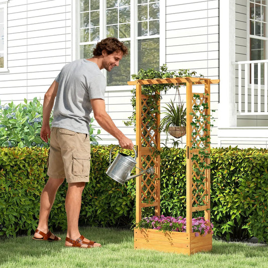 Raised Garden Bed with Lattice Trellis Orange wooden frame with trellis on Tampa Home & Garden Store