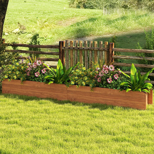 Orange wooden raised garden bed with drainage, rectangular planter in a garden setting on Tampa Home & Garden Store