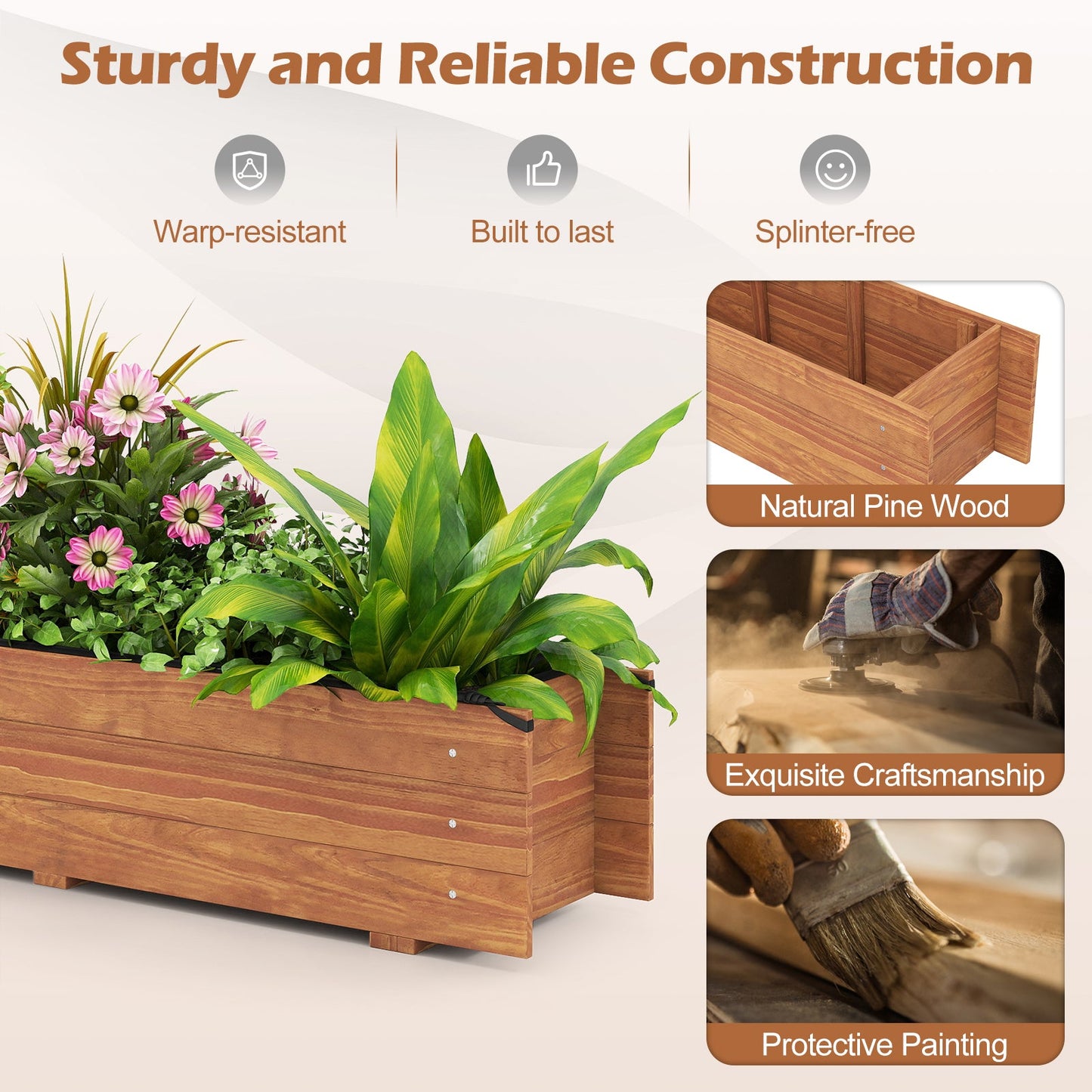 Orange wooden raised garden bed planter with drainage holes, filled with pink flowers on Tampa Home & Garden Store