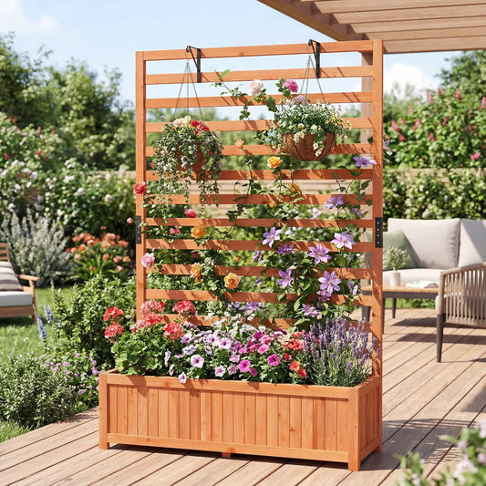 Wooden raised garden bed with vertical trellis in natural wood finish outdoor planter on Tampa Home & Garden Store