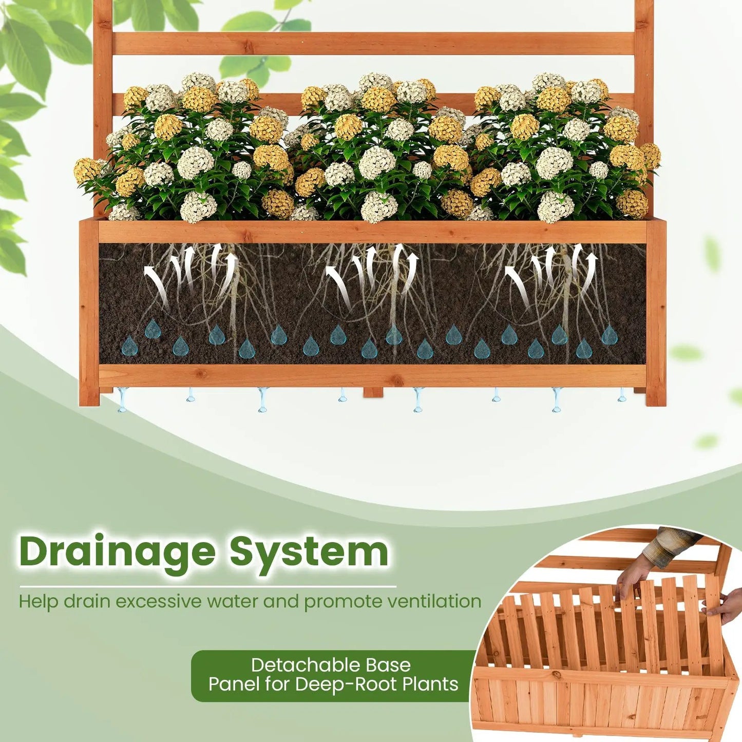 Wooden raised garden bed with vertical trellis planter filled with white and yellow blooms on Tampa Home & Garden Store