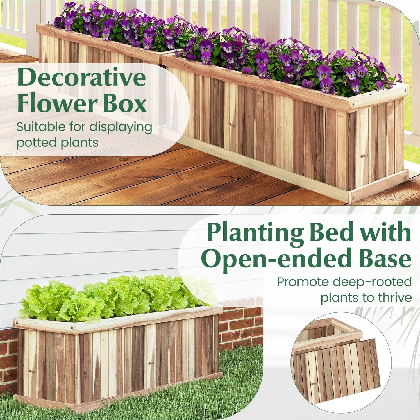 Three wooden raised garden beds in natural acacia wood with slatted panels on a deck on Tampa Home & Garden Store