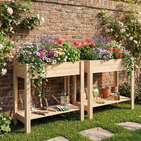 Wooden Raised Garden Bed with Legs and Storage, natural pine, two planters with flowers on Tampa Home & Garden Store