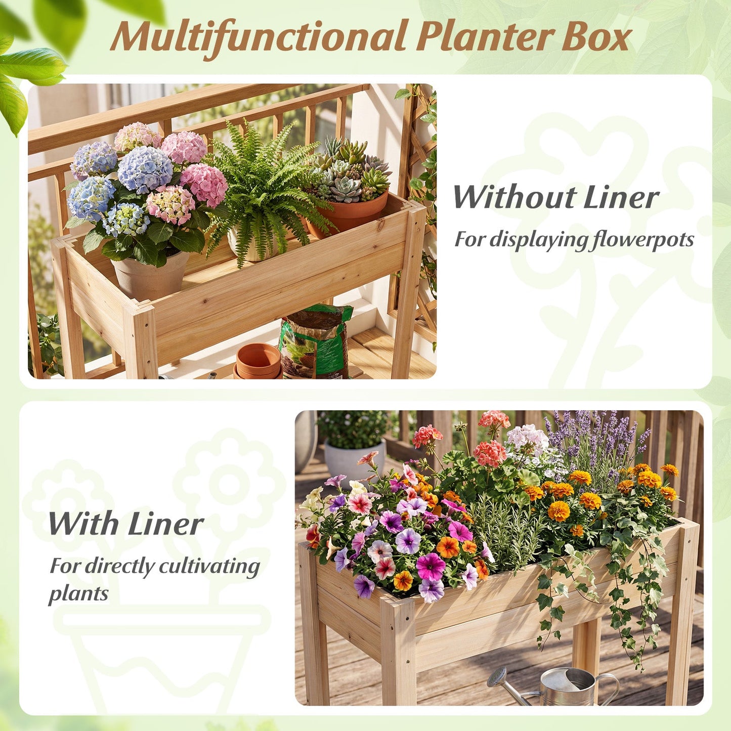 Natural wood raised garden bed with legs and storage on balcony with hydrangeas and ferns on Tampa Home & Garden Store