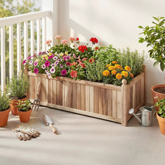 DirectDeals wooden raised garden bed natural acacia wood filled with colorful flowers on balcony on Tampa Home & Garden Store