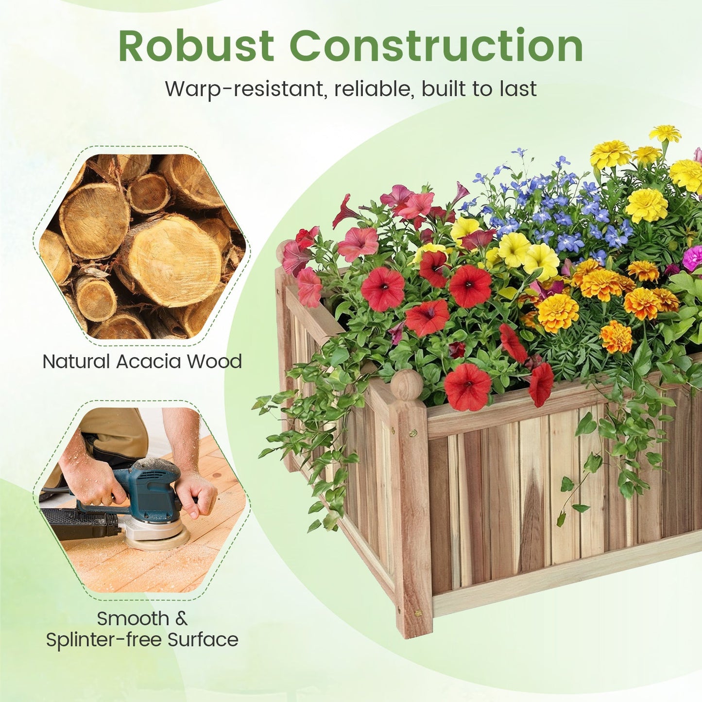 Wooden raised garden bed in acacia wood with rectangular planter filled with colorful flowers on Tampa Home & Garden Store