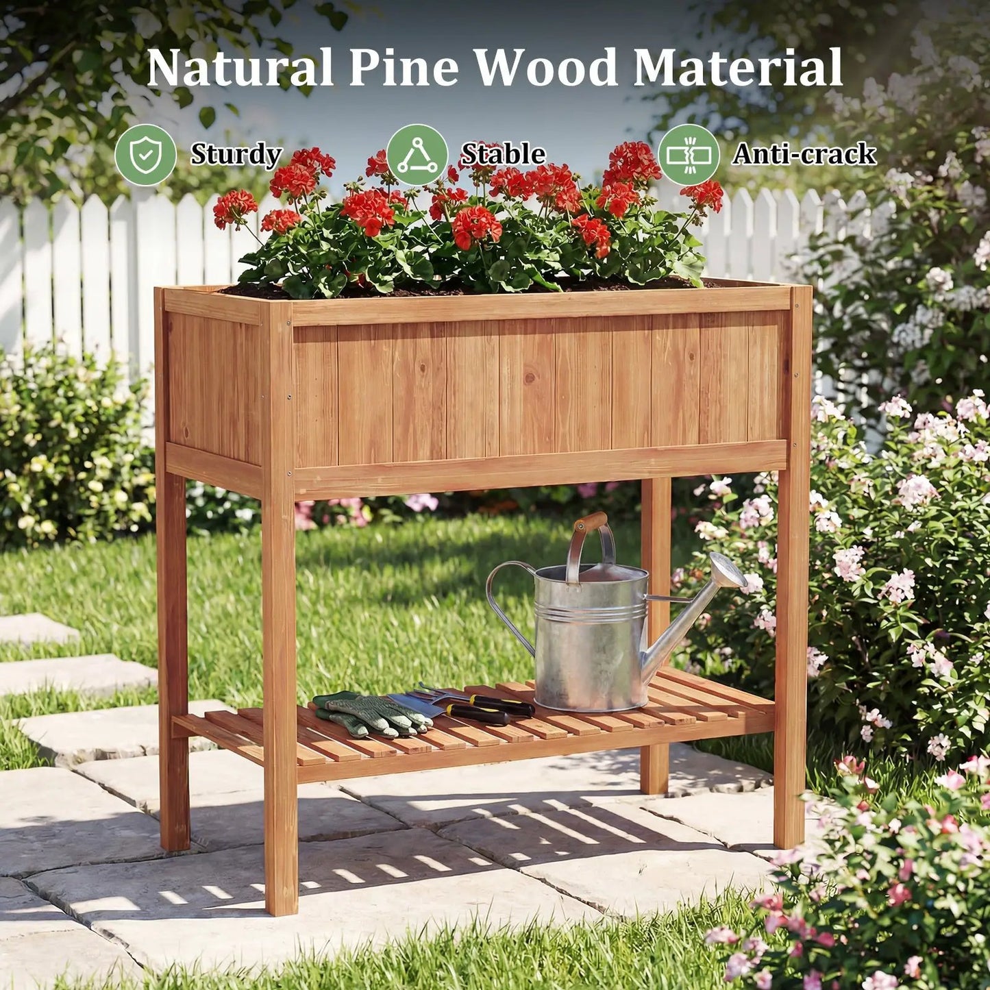 Wooden raised garden bed with storage shelf, orange waist-high planter on Tampa Home & Garden Store