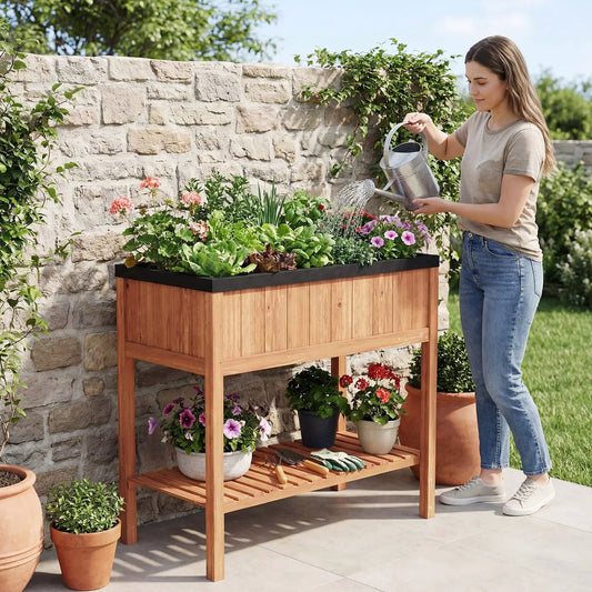Wooden raised garden bed orange with built-in shelf, lush plants on Tampa Home & Garden Store