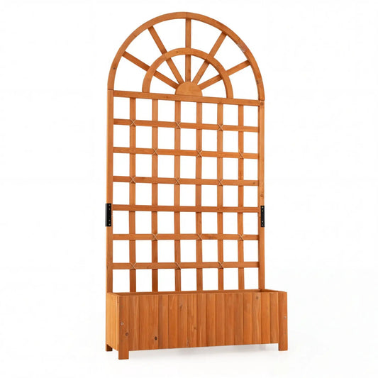 Wooden raised garden bed with trellis, natural wood finish, DirectDeals planter on Tampa Home & Garden Store
