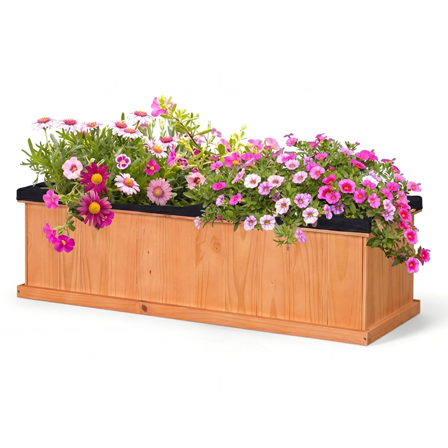 Natural fir wooden raised garden bed with drainage holes, pink and white flowers on Tampa Home & Garden Store