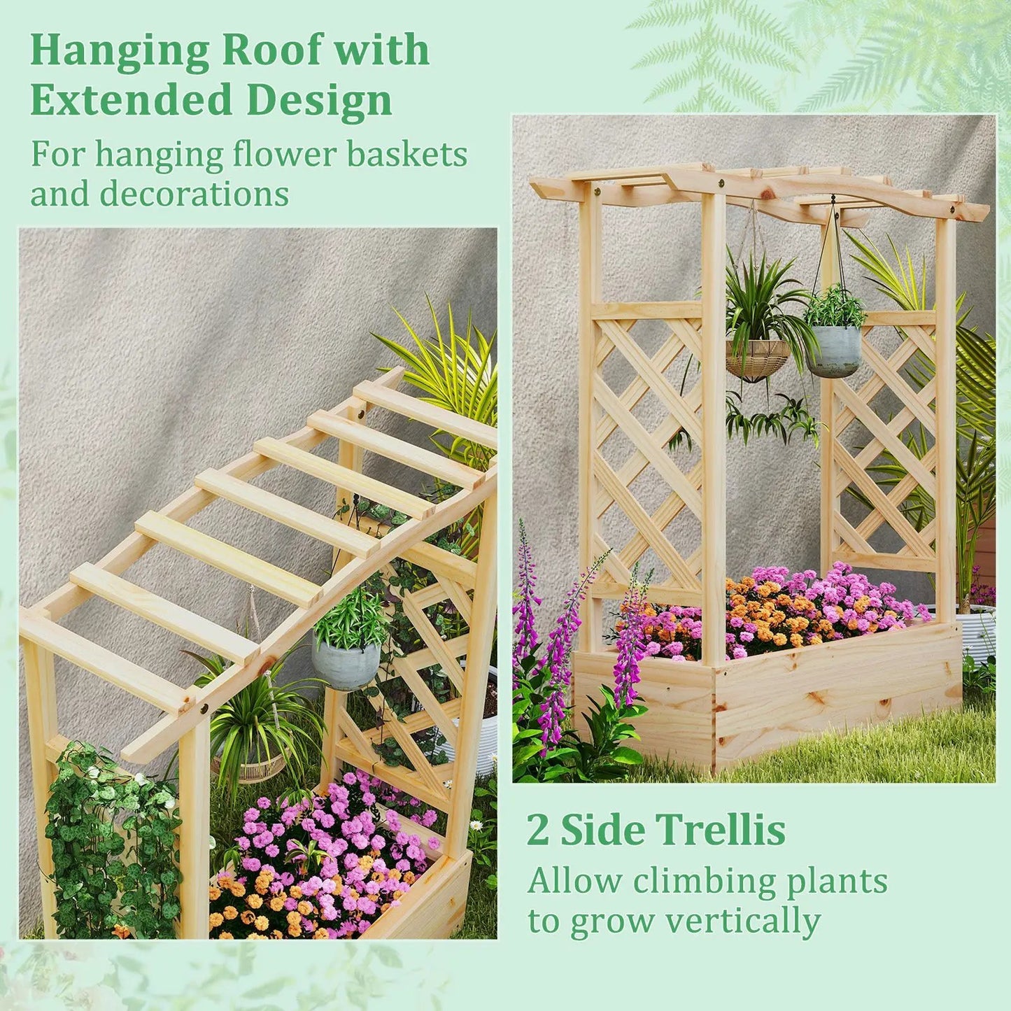 Wooden raised garden bed planter with trellis panels and two side trellises on Tampa Home & Garden Store