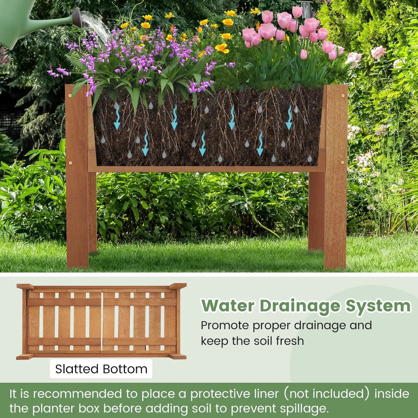 Solid wood raised garden bed with legs filled with blooming pink tulips and purple flowers on Tampa Home & Garden Store