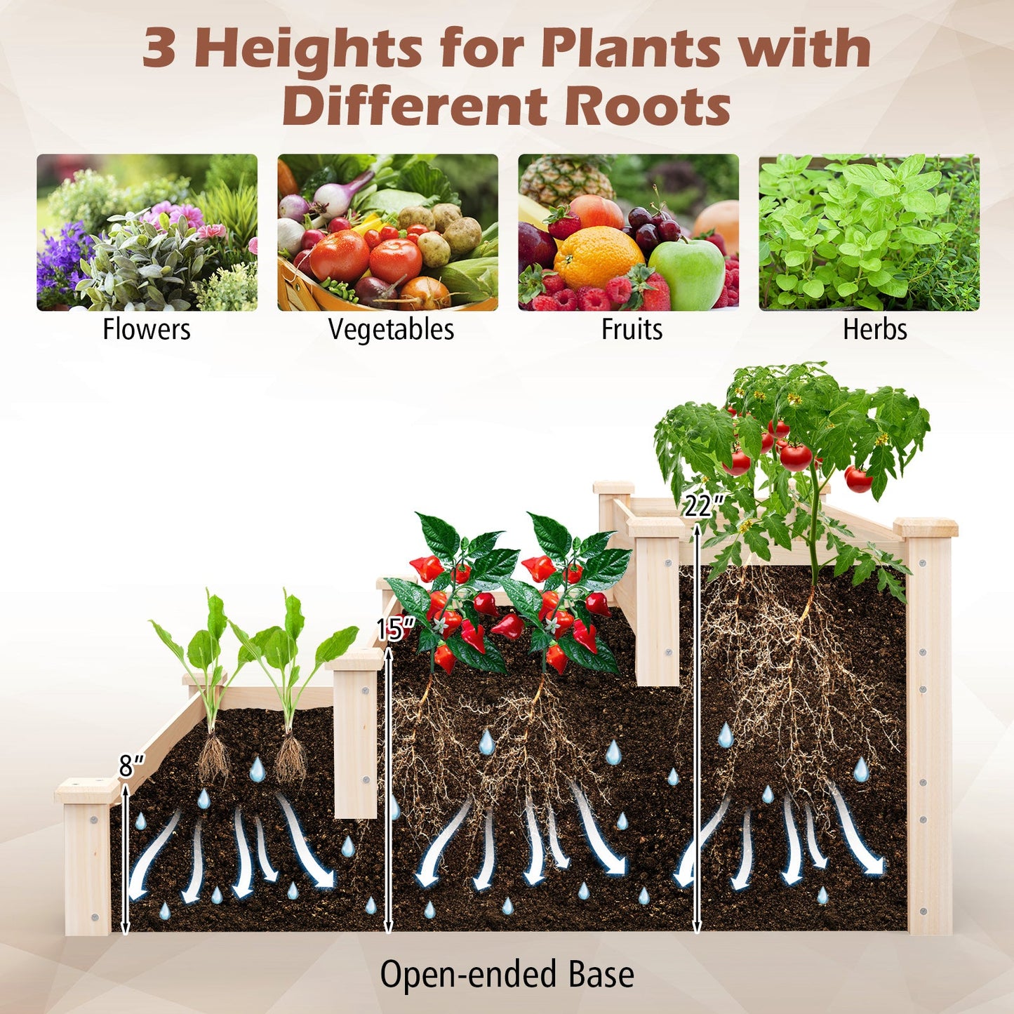 3-Tier wooden raised garden bed for patio with natural wood finish on Tampa Home & Garden Store