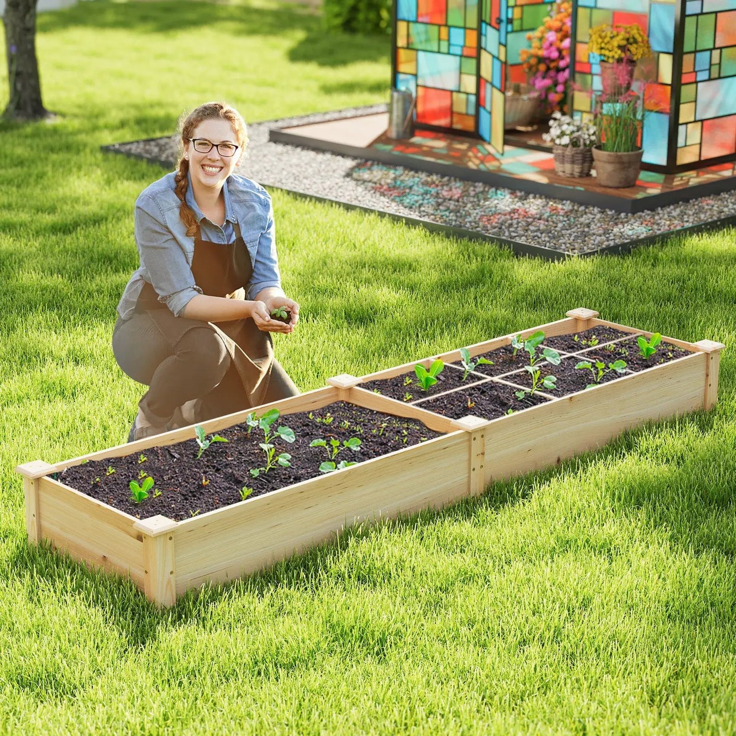 Fir Wood Raised Garden Bed with Two Planter Boxes, natural finish on Tampa Home & Garden Store