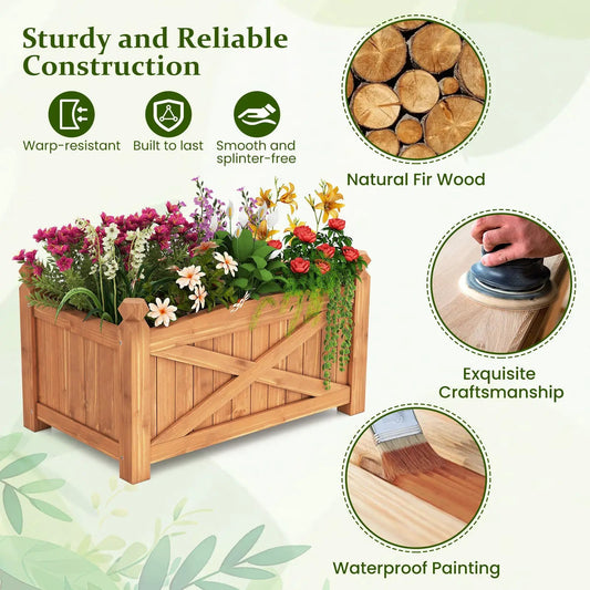 Wooden raised garden bed in natural fir wood filled with colorful flowers and drainage holes on Tampa Home & Garden Store