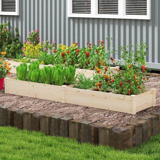 Wooden Raised Open-Ended Base Garden Bed with 2 Planter Boxes Divider-Natural - Tampa Home & Garden Store