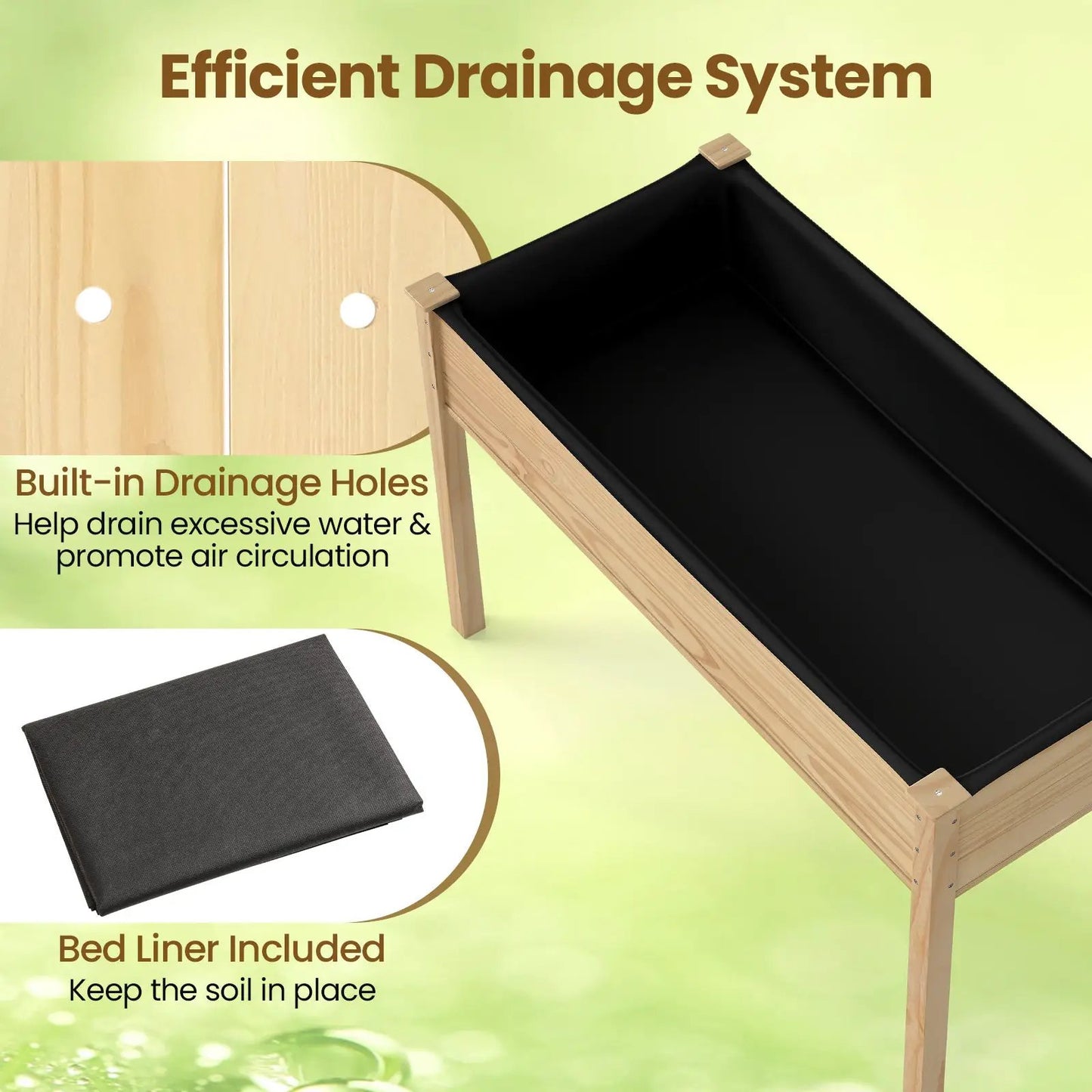 Wooden raised vegetable garden bed planter with black liner and built-in drainage holes on Tampa Home & Garden Store