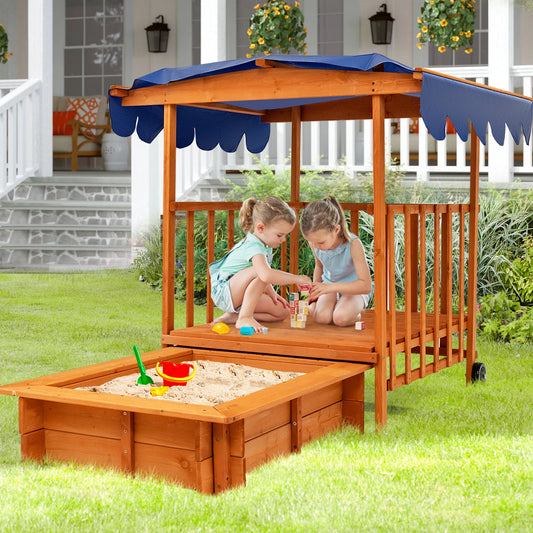 Kids Outdoor Wooden Retractable Sandbox with Cover and Built-in Wheels-Natural - Tampa Home & Garden Store