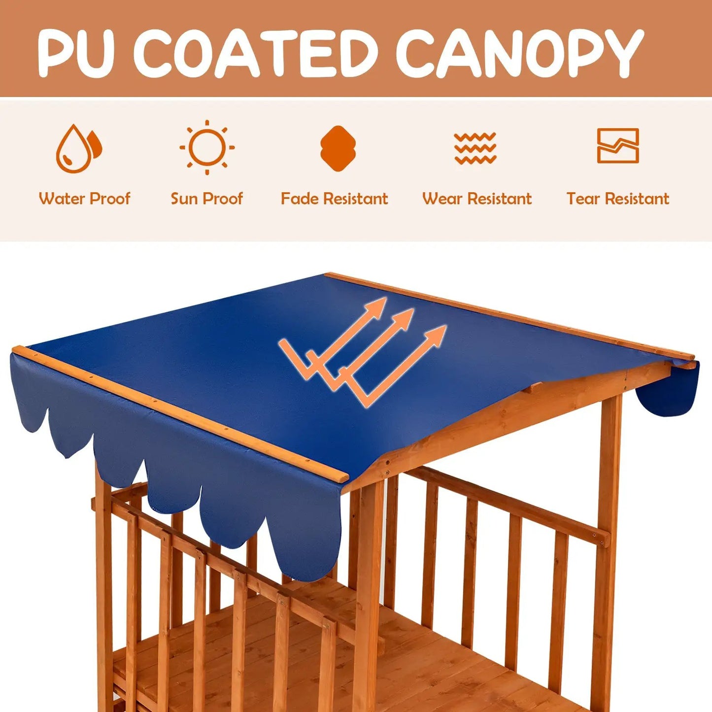 Kids outdoor wooden sandbox with blue PU-coated canopy cover and wheels on Tampa Home & Garden Store