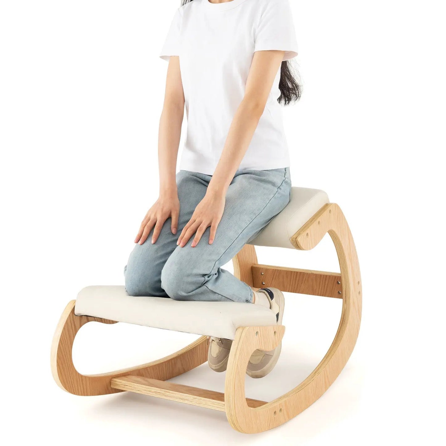 Wooden Rocking Chair with Comfortable Padded Seat Cushion and Knee Support-Black - Tampa Home & Garden Store