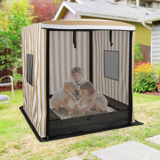 DirectDeals wooden sandbox with beige-striped canopy and mesh walls with 3 children inside on Tampa Home & Garden Store