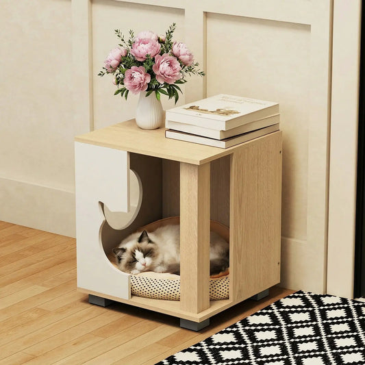 Wooden Cat Condo with Kitty Head Entry Natural by DirectDeals, natural wood finish on Tampa Home & Garden Store