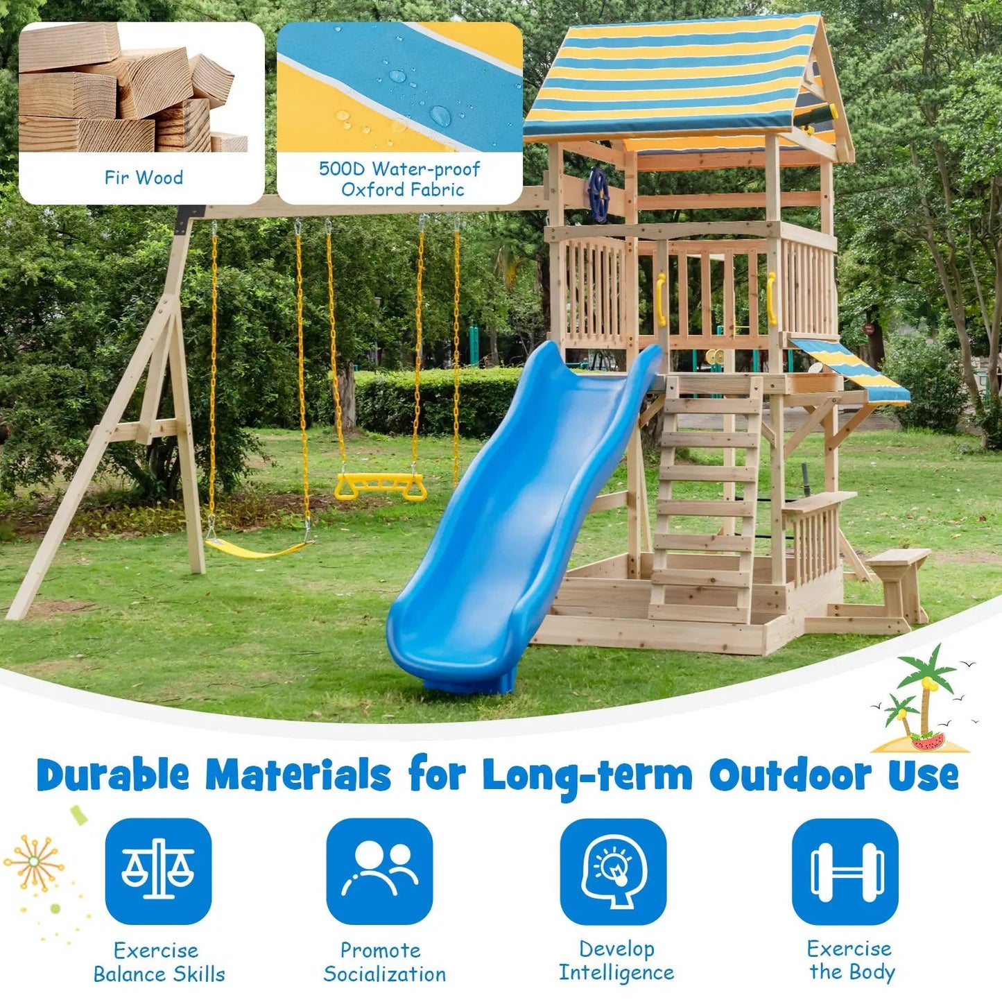 Wooden Swing Set with Large Upper Deck Slide and Steering Wheel - Tampa Home & Garden Store