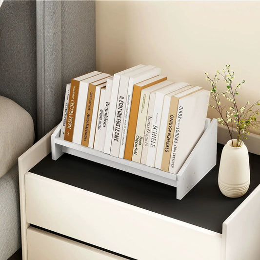 Wooden tilting bookcase organizer for magazines on white desktop; DirectDeals desktop organizer on Tampa Home & Garden Store