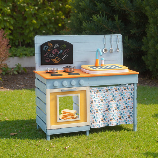 Wooden Toy Kitchen Playset with Removable Circulation Faucet and Cooking Accessories-Blue - Tampa Home & Garden Store