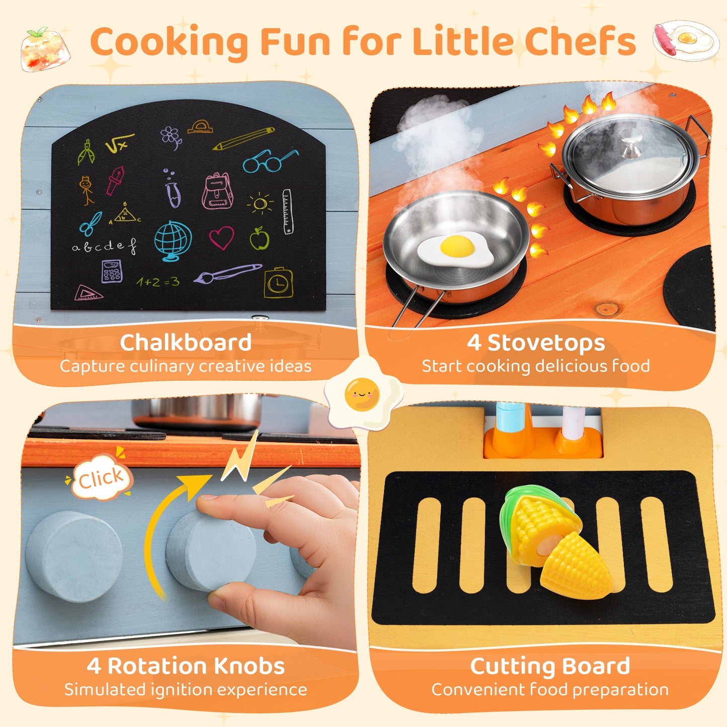 Wooden toy kitchen playset with blue faucet and chalkboard, 4 stovetops on Tampa Home & Garden Store