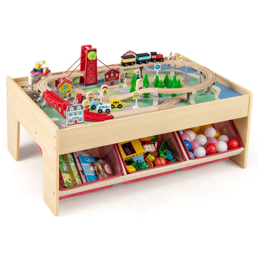 DirectDeals Wooden Train Table for Kids Red with elevated track and storage on Tampa Home & Garden Store