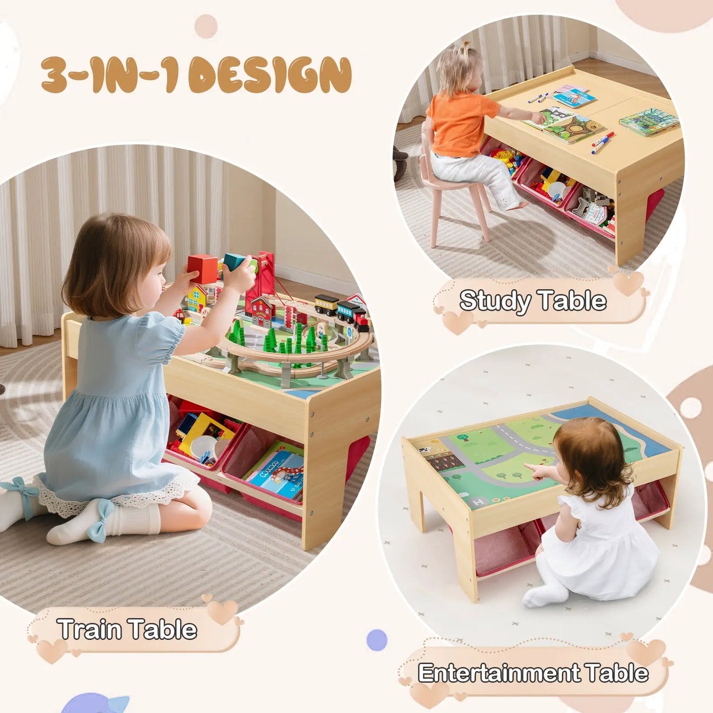 Wooden Train Table for Kids Multipurpose Play Red with train layout and storage bins DirectDeals on Tampa Home & Garden Store