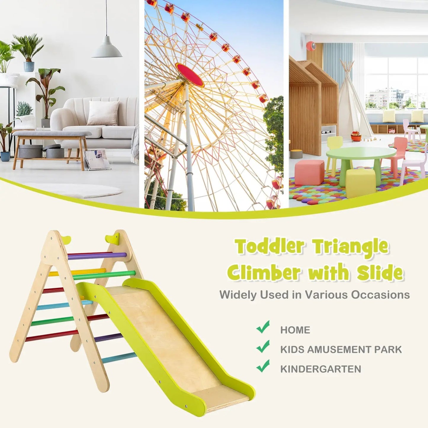 2-in-1 Wooden Triangle Climber Set with Gradient Adjustable Slide-Multicolor - Tampa Home & Garden Store