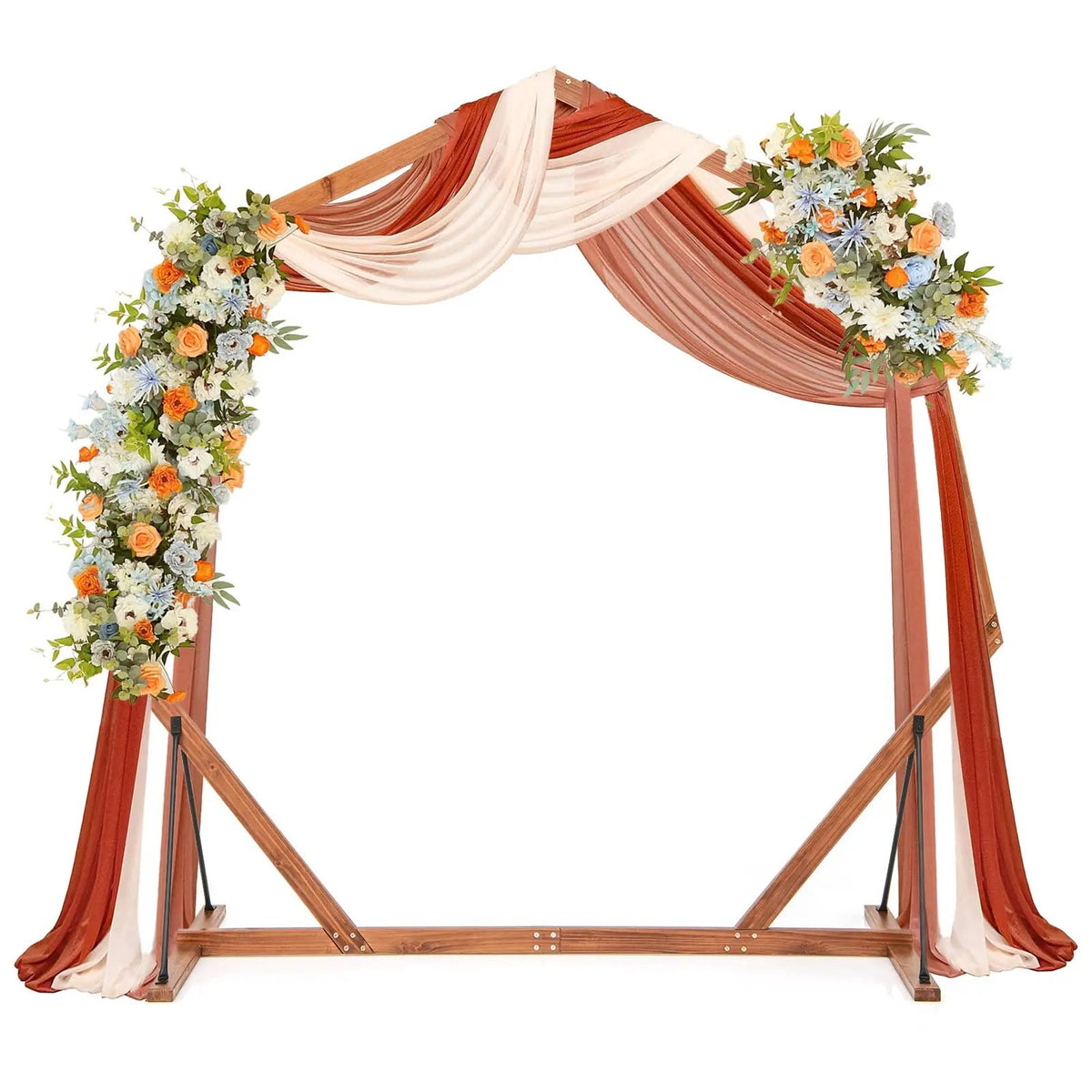 Wooden wedding arch backdrop in brown wood with orange and cream drapes and floral garlands on Tampa Home & Garden Store