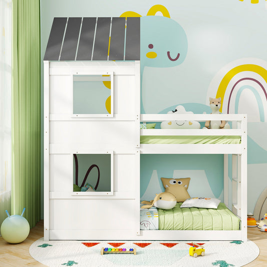 Wooden Twin Over Twin Bunk Bed with Full-length Safety Guardrail and Ladder-White and Gray - Tampa Home & Garden Store