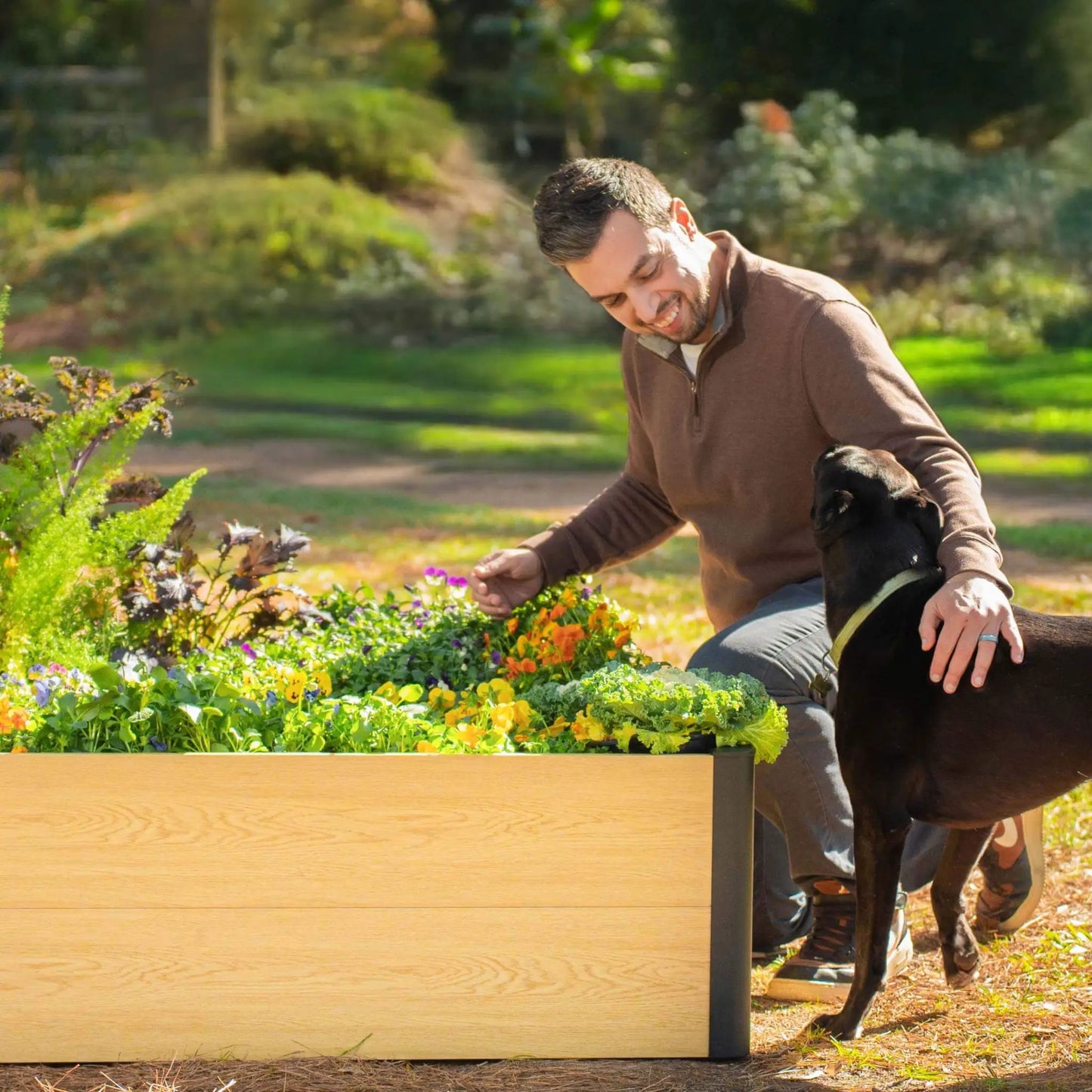 Woodgrain metal raised garden bed 4x4 filled with colorful flowers beside a man and his dog on Tampa Home & Garden Store