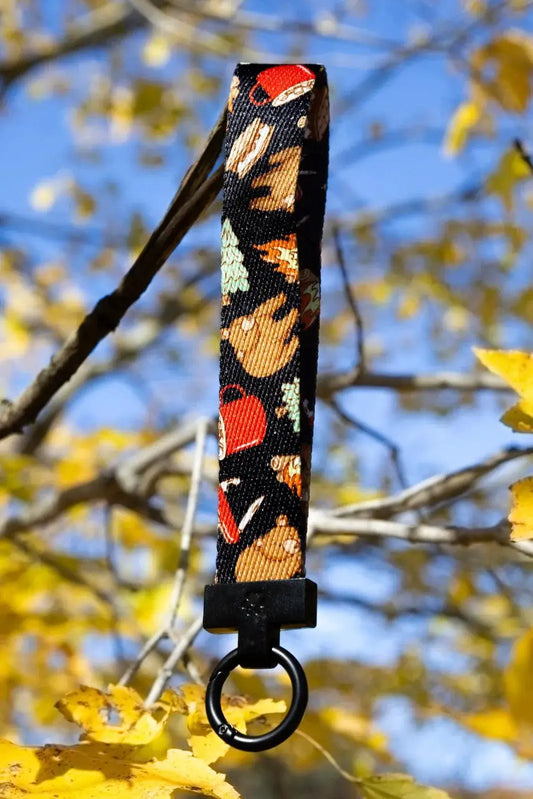 Woodland Tales Wristlet Keychain by Aria the Fox with forest print fabric strap and ring on Tampa Home & Garden Store