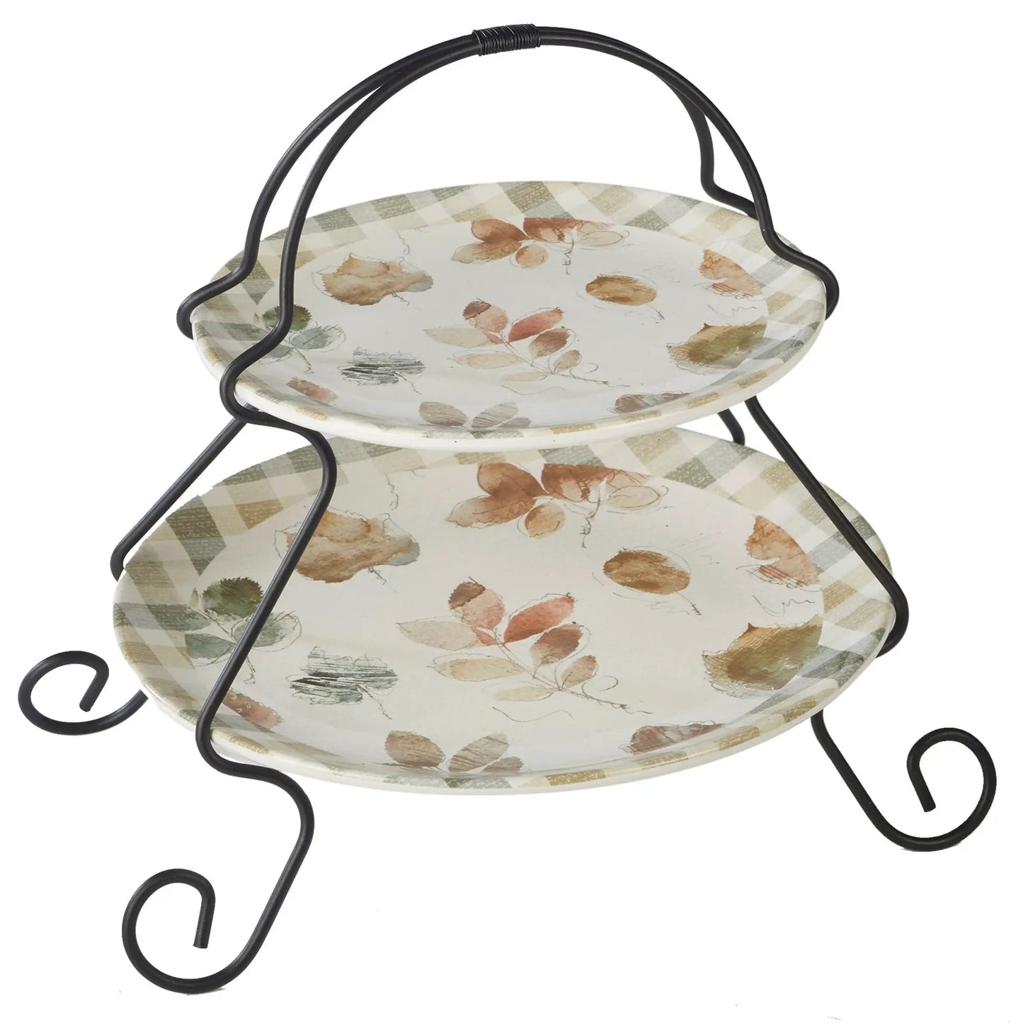 Woodland Walk 2-Tier Server with leaf-patterned ceramic dishes on black metal stand on Tampa Home & Garden Store