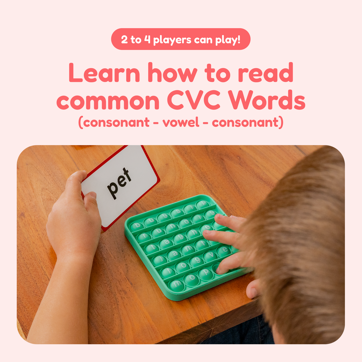 Word Pop + Extra CVC Mats reading toy by The Fidget Games, teal letter tiles in a green tray on Tampa Home & Garden Store