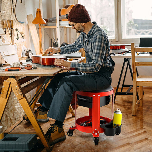 Taburete de mecánico con ruedas, asiento acolchado extraíble y cajones