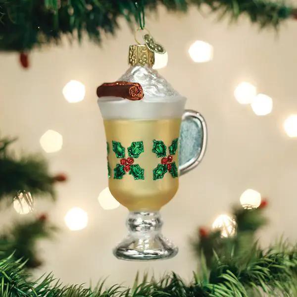 World Christmas Egg Nog Ornament gold goblet with whipped cream topping and holly motif on Tampa Home & Garden Store